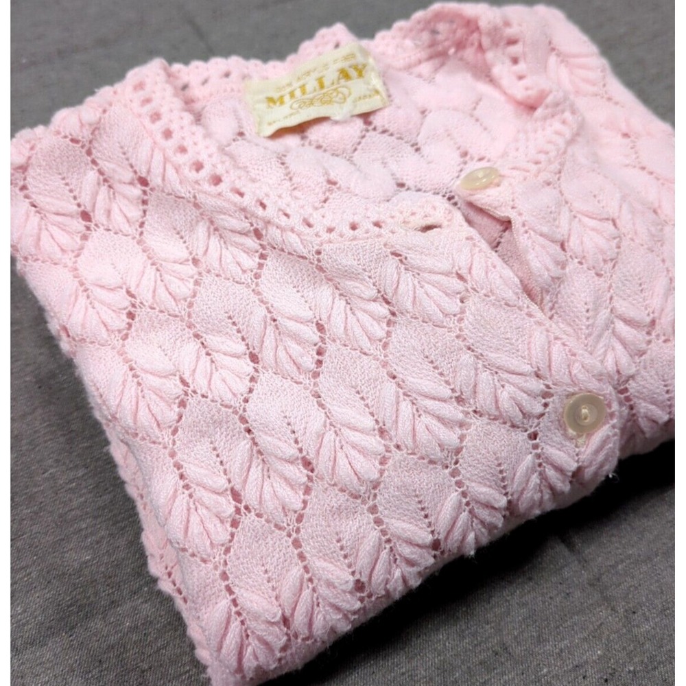 Vtg Millay Japanese Fan Leaf Cardigan Womens Sz M Demure Pink Cable Knit Sweater